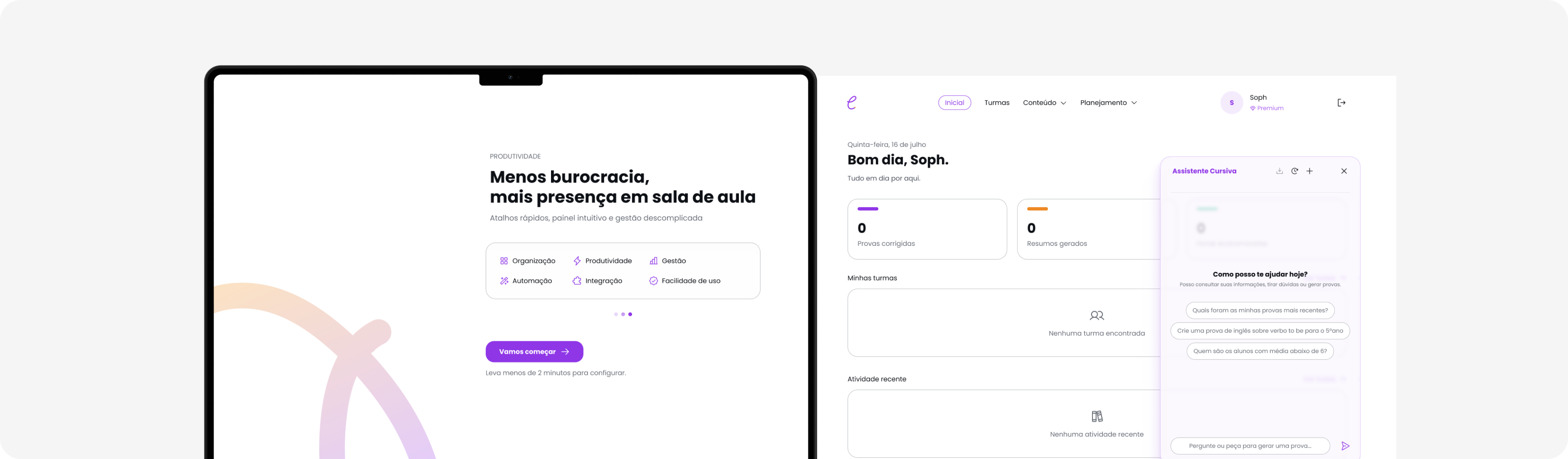 Visão geral das telas da Cursiva