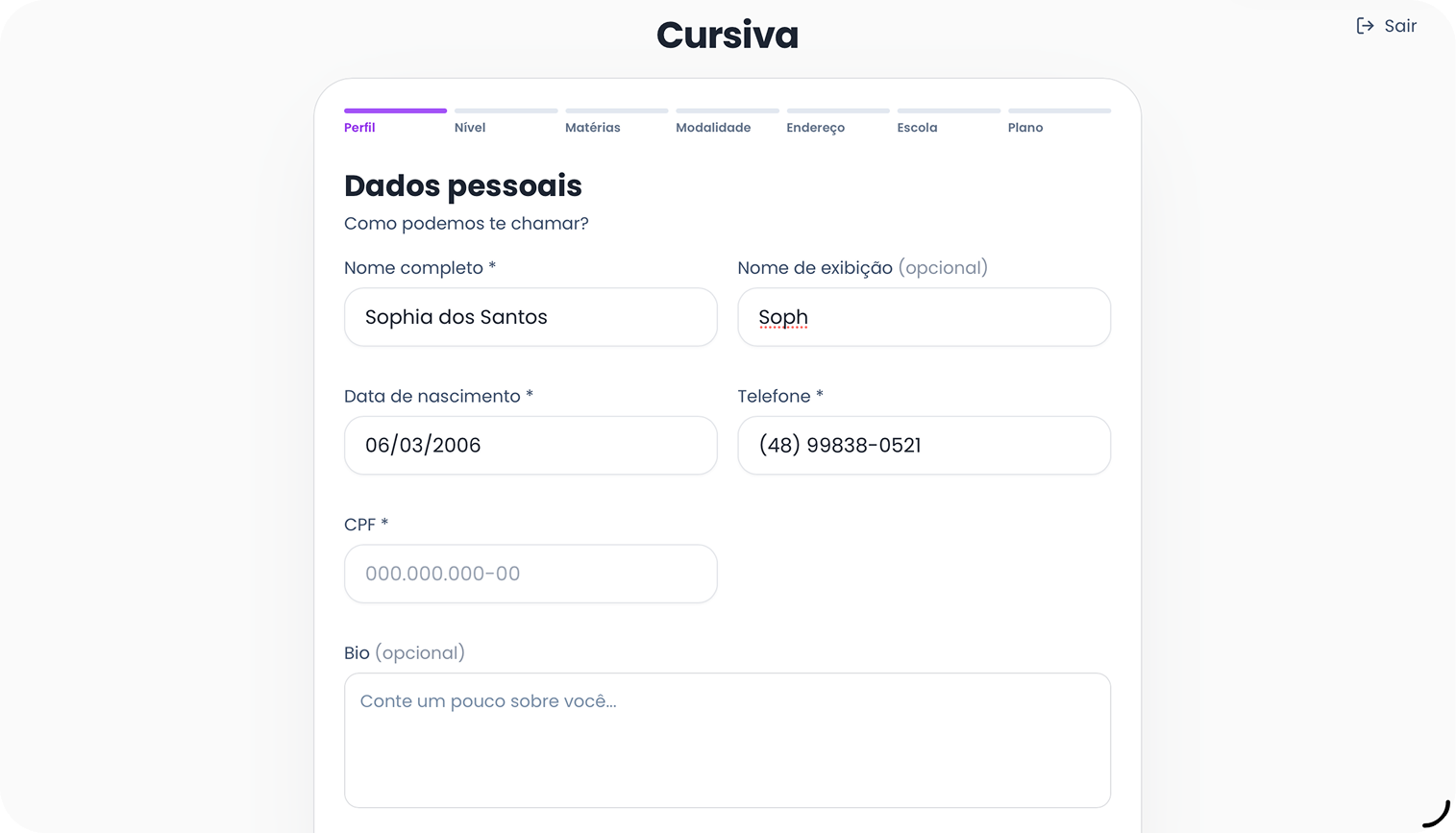 Tela de dados pessoais da versão anterior