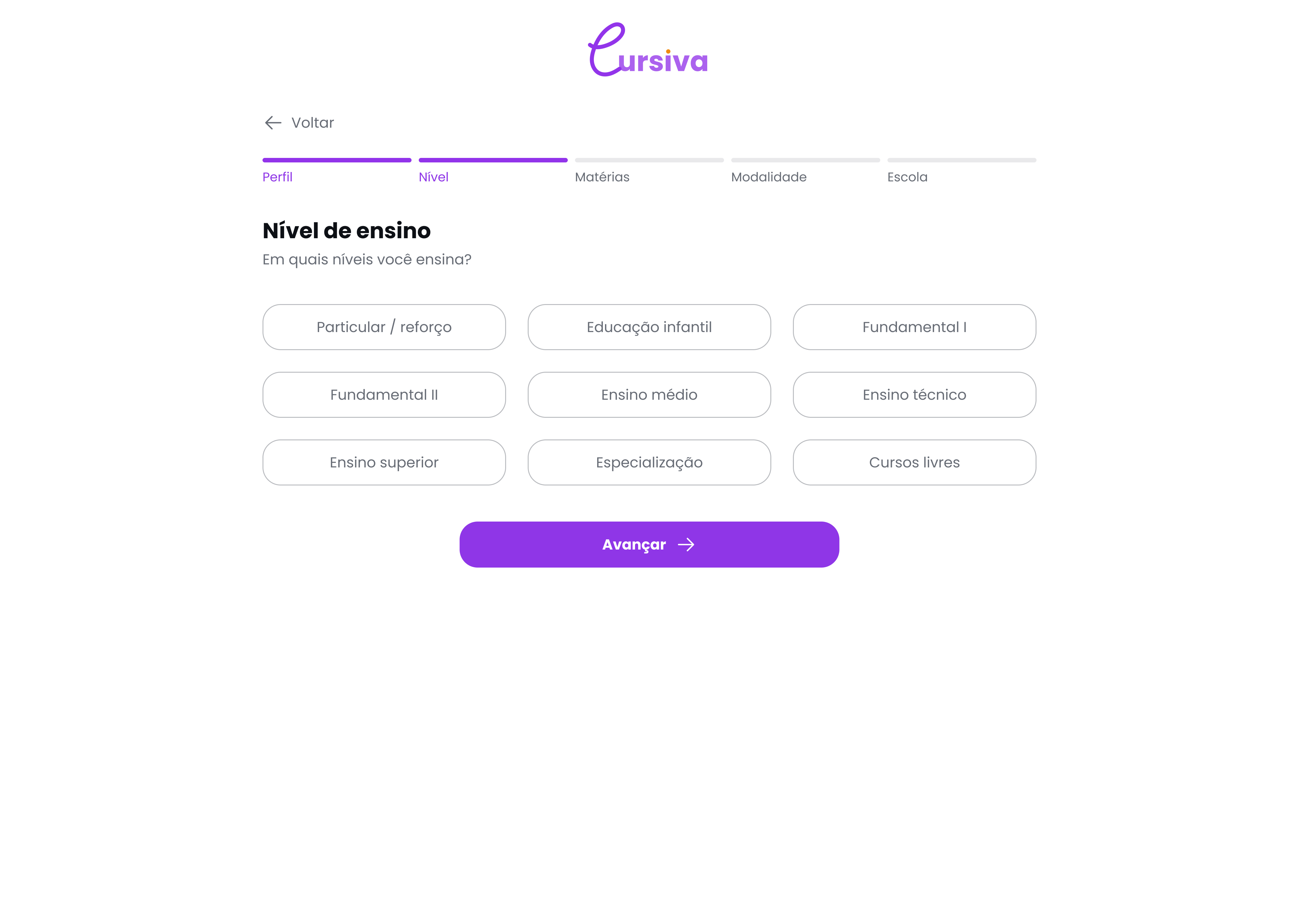 Onboarding: nível de ensino