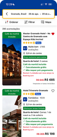 Captura da busca de acomodações original no mobile